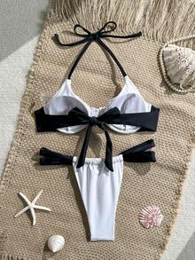 Bonvoyette Maiô Bikini de Praia Sexy com Decote Halter de Alça Fina em Contraste Preto e Branco com Decoração de Estrela-do-mar, Conjunto de Maiô Bikini de 2 Peças com Suporte para Mulheres, Maiô de Verão - Branco - Visão 7
