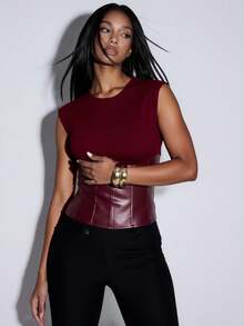 Normani Women's Fashionable Waist-Cinching Zip-Up Sleeveless Top - Burgundy - View 4