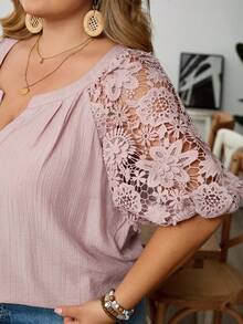 SHEIN CURVE+ Ladies' Elegant Embroidered Three-Dimensional Floral Lace Fabric Splicing Shirt With Plus Size For Spring And Summer, New 2026 Spring And Summer Shirt - Dusty Pink - View 11
