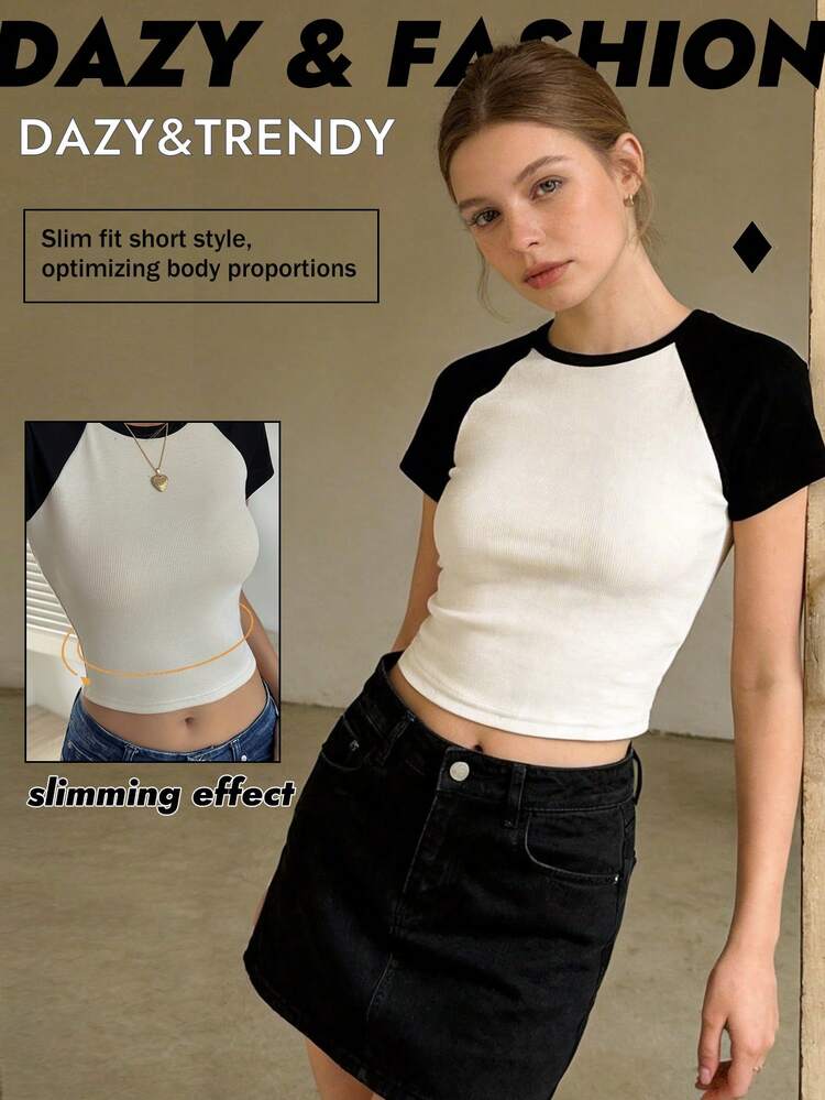 Women's Summer Round Neck Contrast Color Raglan Sleeve Fitted Short Sleeve Casual T-Shirt