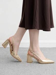 CUCCOO BIZCHIC Sepatu hak tinggi wanita warna hitam, model terbuka, ujung runcing, hak sedang tebal, desain minimalis klasik, cocok untuk bepergian, kencan, pesta, liburan, pernikahan, Natal, dan musim semi. - Kuning keemasan - View 3