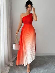 Modelyn Yellow Sleeveless Asymmetric Neck Pleated Ombre Dress For Women - Orange - View 7