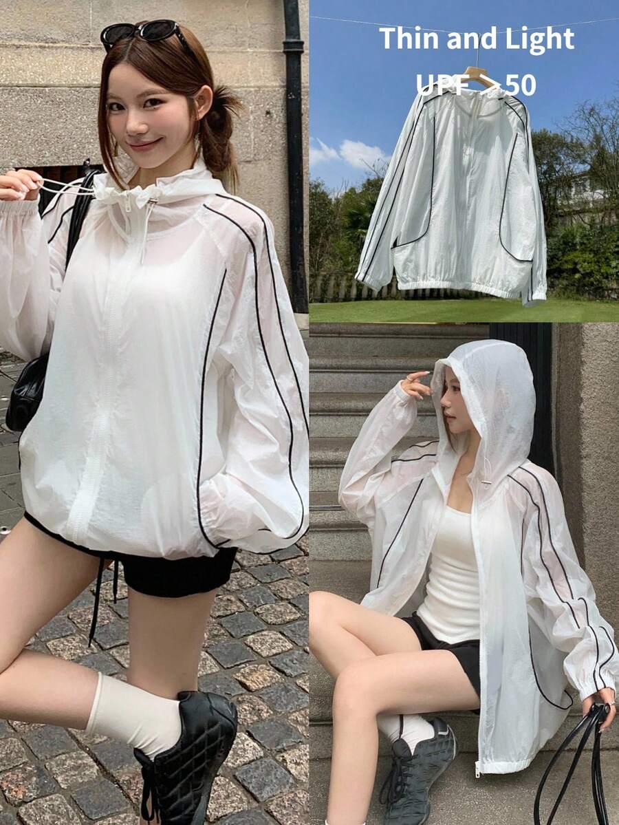 DAZY 女士插肩袖拉链抽绳连帽常规外套 - 白色 - 查看 1