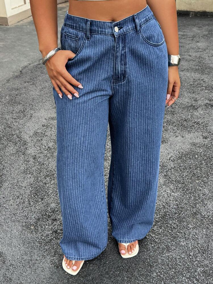 Dazy Plus Striped Textured Loose Casual Street Style Western Cowgirl Clothing, Plus Size Women Long Jeans, All Season