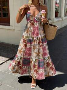 SHEIN LUNE Robe d'été décontractée et d'été pour vacances, imprimé tout-sur-tout, style dos nu et col montant - Multicolore - Voir 3
