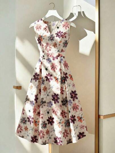SHEIN Franclia Vestido casual de mujer con estampado floral y cuello con muesca sin mangas, adecuado para primavera/verano, de moda para salidas