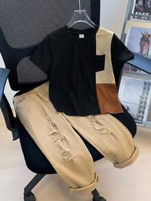 SHEIN 男童休闲运动两件套，包括一件条纹圆领T恤和一条白色长裤，宽松的日韩风格童装/男童返校套装，适合生日派对、晚宴、演出、婚礼、洗礼、返校典礼等场合，也适合日常穿着、上学、旅行、运动，以及春夏季节。 - 彩色 - 查看 2