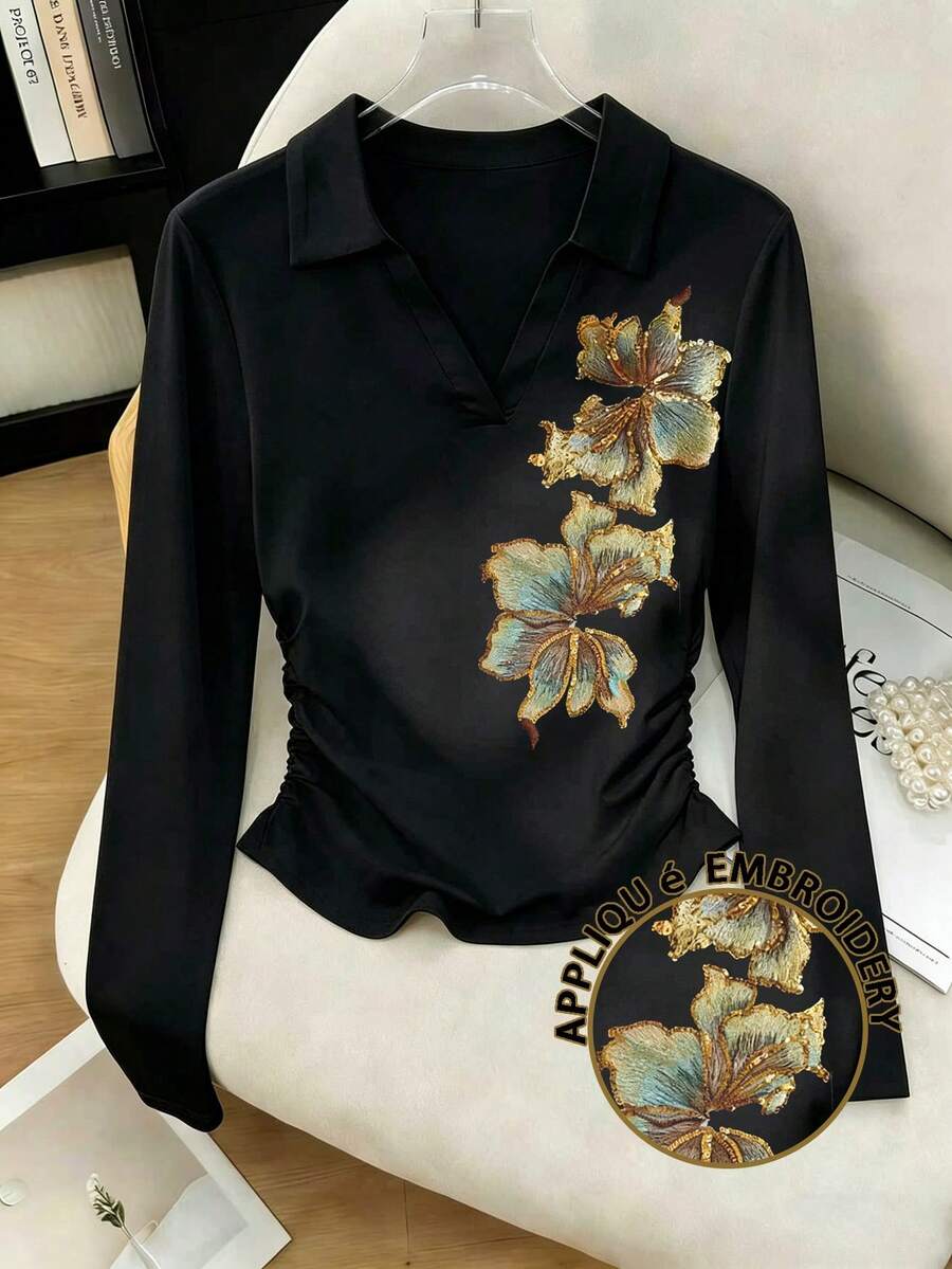 INAWLY Plus Size Women Summer Elegant Brown Autumn French Embroidered V-Neck Shirt Waist-Cinching Long-Sleeve Top Dinner Mother's Day Gift Top Gym - Royal Blue - View 1