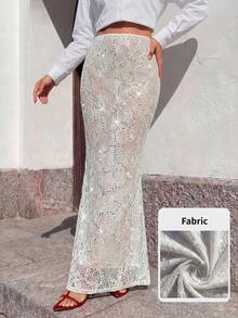 SHEIN ICON Fustă maxi creion cu împodobire, cu mărgele, cristale, suprapunere în plasă cu stras, pentru ocazii formale, seară, petrecere de iarnă, sărbători - alb - Vizualizare 1