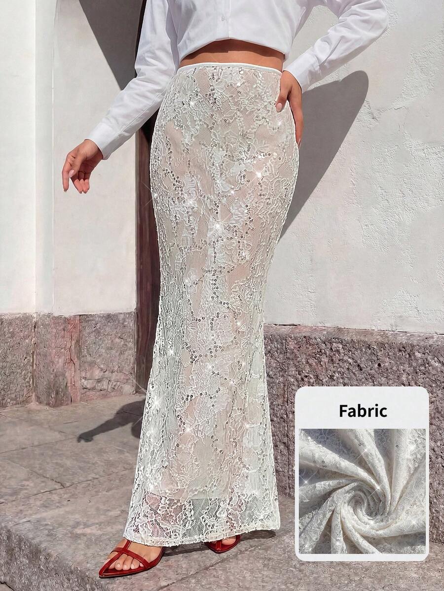 SHEIN ICON Fustă maxi creion cu împodobire, cu mărgele, cristale, suprapunere în plasă cu stras, pentru ocazii formale, seară, petrecere de iarnă, sărbători - alb - Vizualizare 1