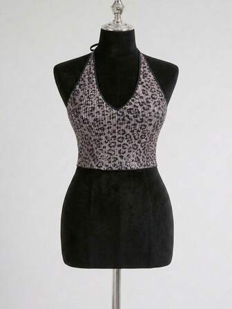 Leopard Muster Pailletten rückenfrei sexy Neckholder Tiefer V-Ausschnitt rückenfrei Trägertop, Große Größen für Frauen, Party, Musikfestival