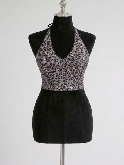 Top sin espalda con cuello halter, escote en V profundo y estampado de leopardo con lentejuelas, talla grande para mujer, para fiesta, festival de música