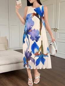 DAZY Women's Elegant Floral Pleated Sleeveless Straight Midi Dress, Summer Sun Dresses For Women - Blue - View 4