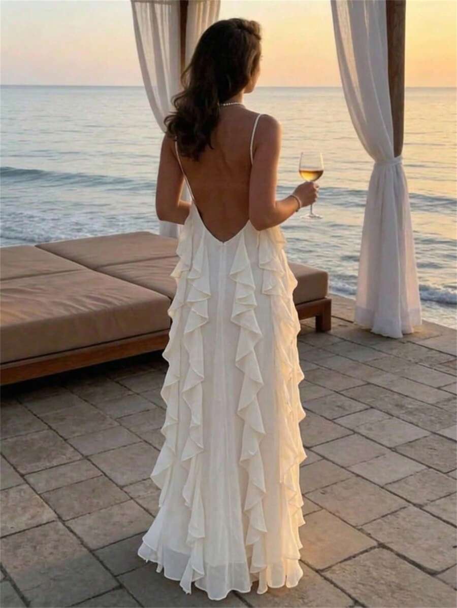 Aloruh Đầm đi biển bằng chiffon màu trơn, nhiều lớp xếp nếp, dáng rộng, thanh lịch dành cho nữ, thích hợp cho các buổi tiệc.