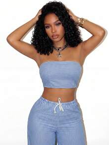 SHEIN BamGlam Women's Casual Striped Print Crop Tubular Top And Drawstring Waist Wide Leg Pants Set, Summer Holiday Outfit - Navy Blue - View 8