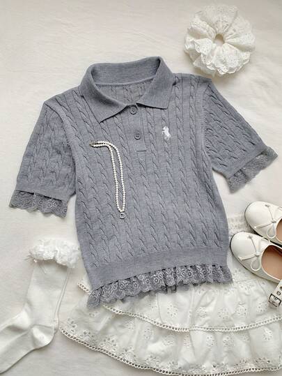 Comfortcana Women's Solid Color Lace Patchwork Twist Knit Short Sleeve Top