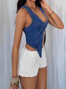 TRNVIE 女士休闲百搭开衩牛仔衬衫，适合约会和外出穿着 - 藍色 - 查看 4