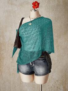 SHEIN ICON Plus Size Women Elegant Vacation Asymmetrical Shoulder Loose Knit Top - Blue - View 3