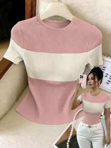 Camiseta de manga corta de mujer con cuello redondo, estilo casual y versátil de uso diario, con bloques de color - Rosa - Ver 3