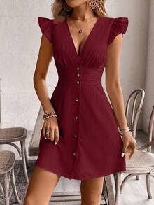 SHEIN Frenchy Gaun Elegan Wanita Warna Polos dengan Leher V Dalam dan Hem Berumbai - Burgundy - View 4