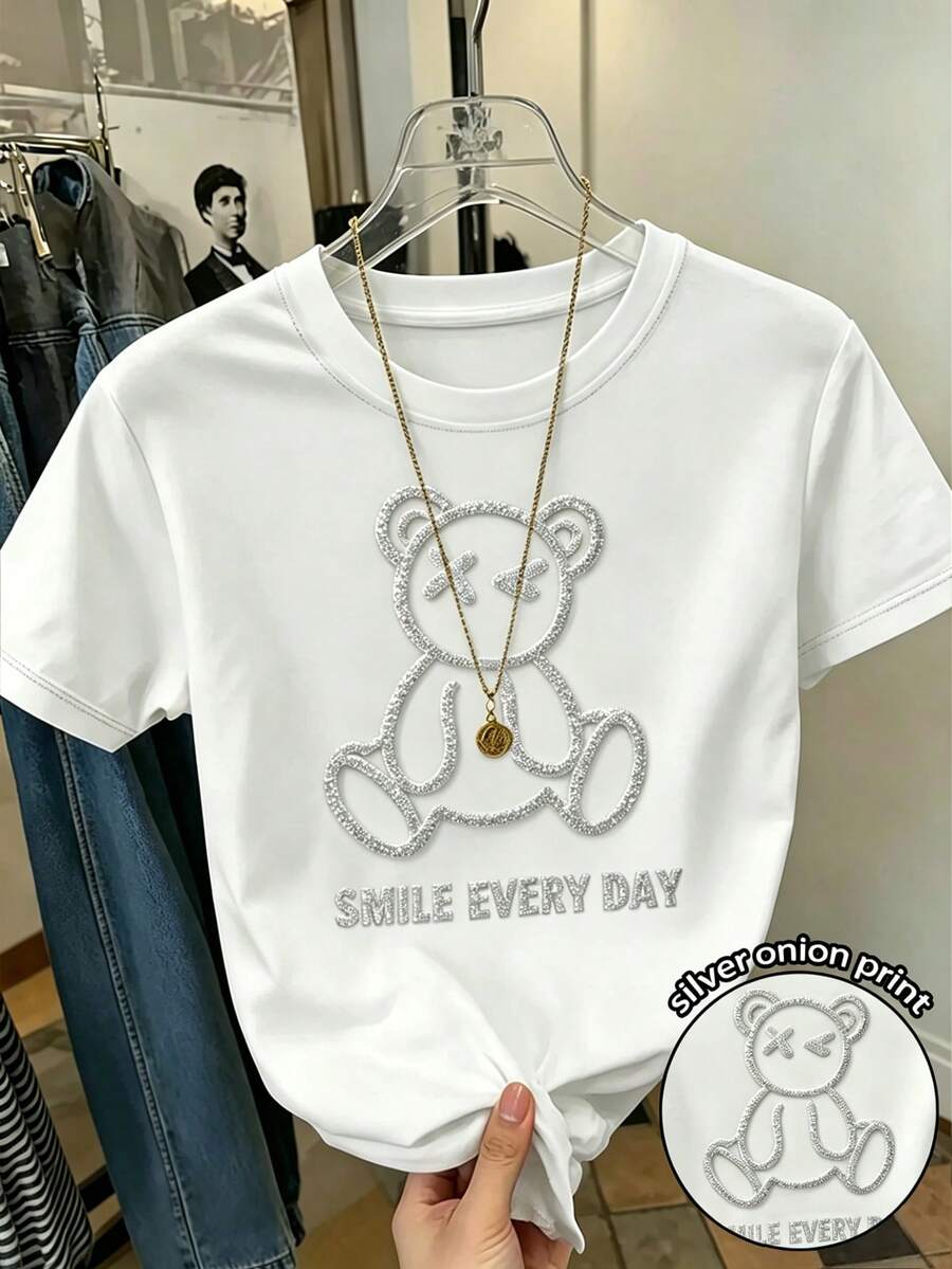 Resyla Women's Cartoon Bear Embossed Short Sleeve Round Neck T-Shirt - White - View 1