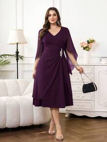 Reflora Vestido de mujer talla grande de unicolor y cuello en V elegante - Morado - Ver 5