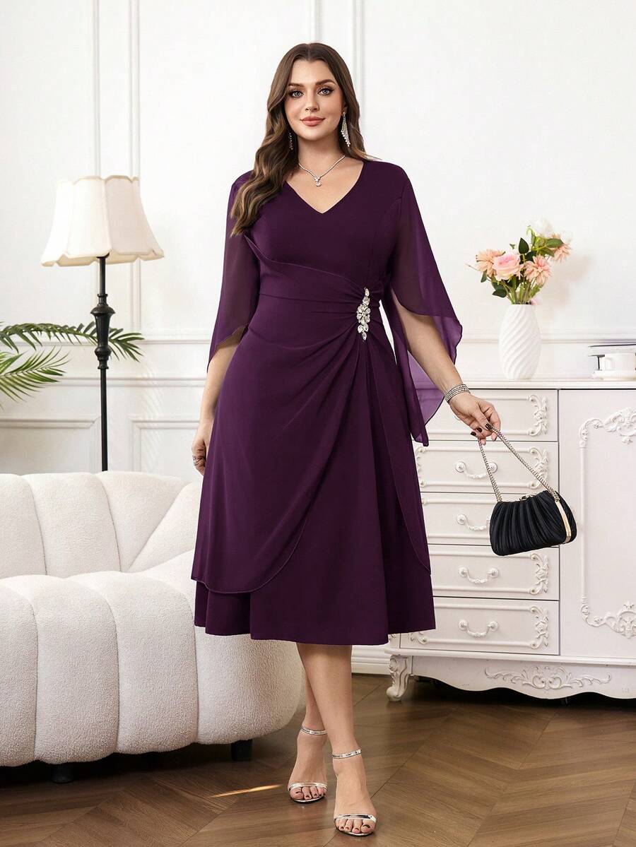 Reflora Vestido de mujer talla grande de unicolor y cuello en V elegante - Morado - Ver 1