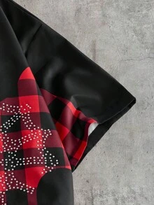 AXEPEAK Men's Summer Casual Plaid Patchwork Spider Web Rhinestone Embellished Shirt - Black - View 4