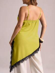Elegantrix Plus Size Women Urban Casual Lace Asymmetric Hem V-Neck Patchwork Solid Color Camisole - Yellow - View 5