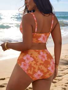 SHEIN Slayr CURVE Plus Size Women's Beach Vacation Multi-Color Textured Hollow Out Adjustable Wide Strap Triangle Bikini Swimsuit Set - Multicolor - View 2