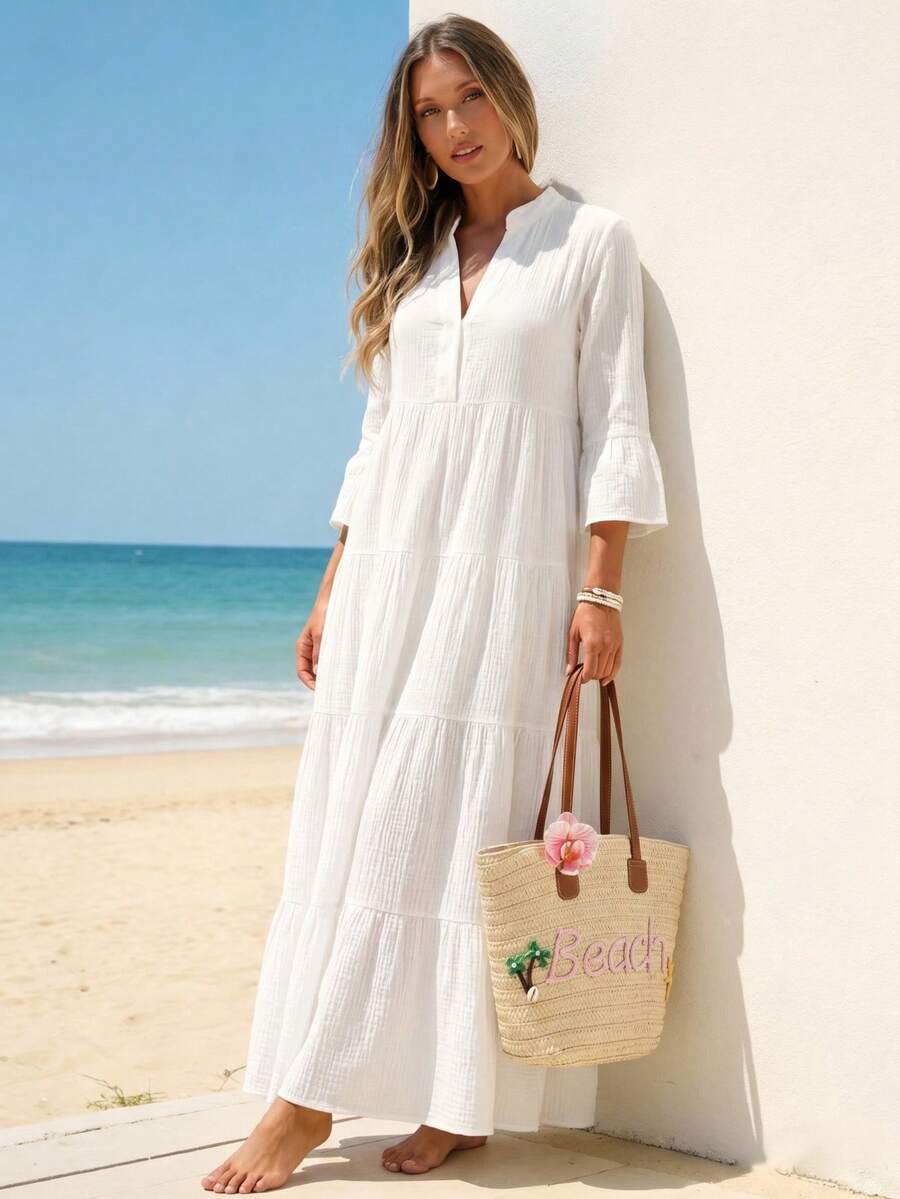 Sylviya 女士休闲V领娃娃连衣裙，白色连衣裙 - 白色 - 查看 1