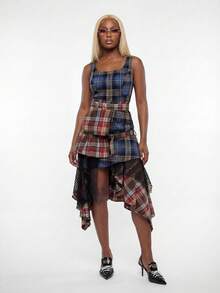 Modviera Casual Vacation Outdoor Woven Plaid Sleeveless Color Block Mid-Length Dress For Women, Spring/Autumn - Multicolor - View 1