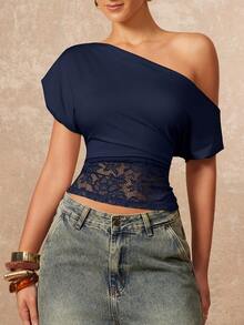 Lumalex Elegant Women Blouse With Shoulder Ruffle,Summer Top - Navy Blue - View 4
