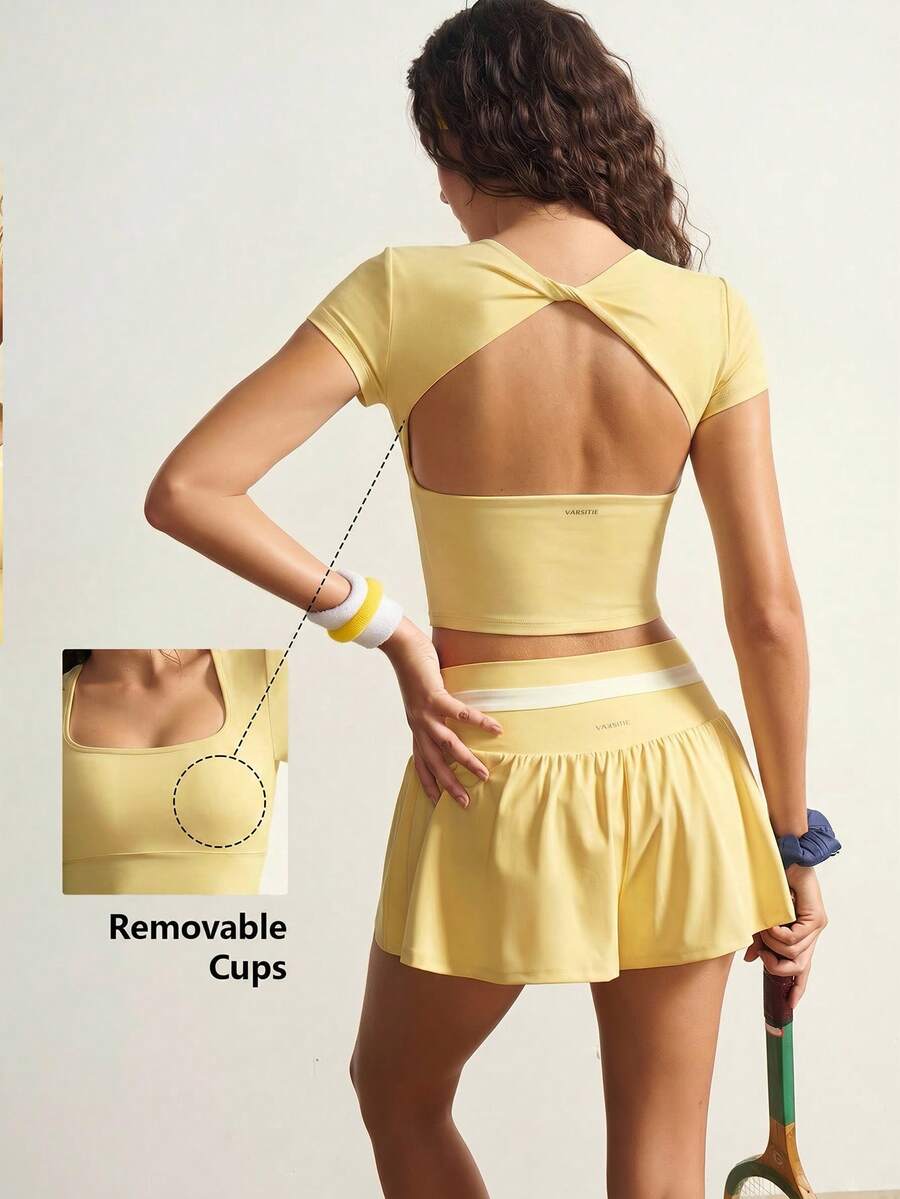 VARSIVA Workout Women Tops Casual Solid Color Cropped Sports T-Shirt, Summer Bustier Crop Sports Tee