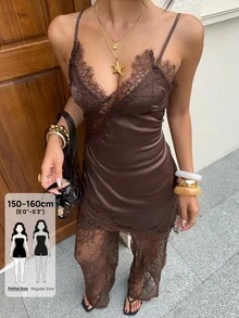 Siren Gaze Petite Petite Women's Lace Patchwork Spaghetti Strap Tank Top And Lace Pants 2 Pieces Set - Brown - View 1