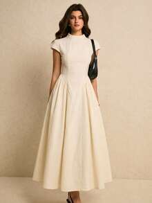 SHEIN x Tata & Beatriz Poéselle 女式夏季纯色腰部收褶伞形下摆长款连衣裙 - 杏色 - 查看 1