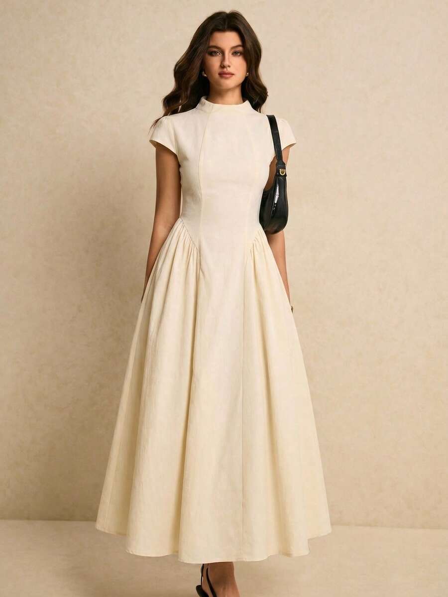 SHEIN x Tata & Beatriz Poéselle 女式夏季纯色腰部收褶伞形下摆长款连衣裙 - 杏色 - 查看 1