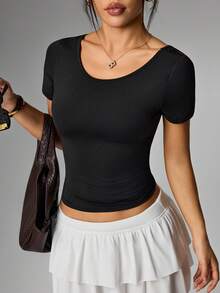 SHEIN HypeZone 女士时尚优雅短袖修身瑜伽上衣，性感U型露背蕾丝设计，夏季 - 黑色 - 查看 7