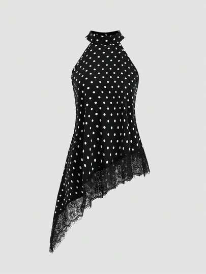 Sweetra Petite Blusa de mujer con volantes asimétricos y estampado de lunares sin mangas