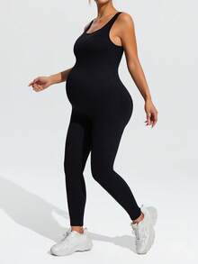 SHEIN Maternity Casual Solid Color Elastic Round Neck Jumpsuit,Word Cup - Black - View 4
