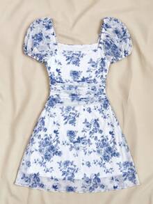 SHEIN Vestido versátil con estampado floral y volantes para adolescente, adecuado para vacaciones/estilo retro/ - Azul y blanco - Ver 4