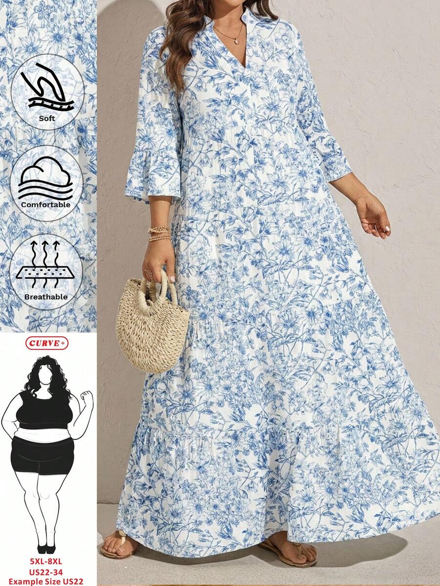 SHEIN CURVE+ Đầm đi biển tay loe xếp tầng in hoa cỡ lớn dành cho nữ, trang phục đi nghỉ mát, đầm hè cho nữ, đầm maxi xanh trắng, đầm maxi hoa xanh, đầm maxi xếp tầng, quần áo mùa thu cho nữ, trang phục học sinh, trang phục đồng quê cho nữ, trang phục giáo viên cho nữ, trang phục đồng quê cho nữ, quần áo mùa thu cho nữ, trang phục mùa thu cho nữ, đầm cho nữ, trang phục thường ngày. - Nhiều màu - Xem 1