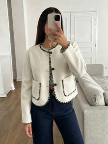 Siren Gaze Women's Casual Solid Color Blended Wool Short Tweed Jacket Fashion Street Leopard Print Patchwork Short Loose Jacket Women's Autumn Coat Winter Spring - Apricot - View 1