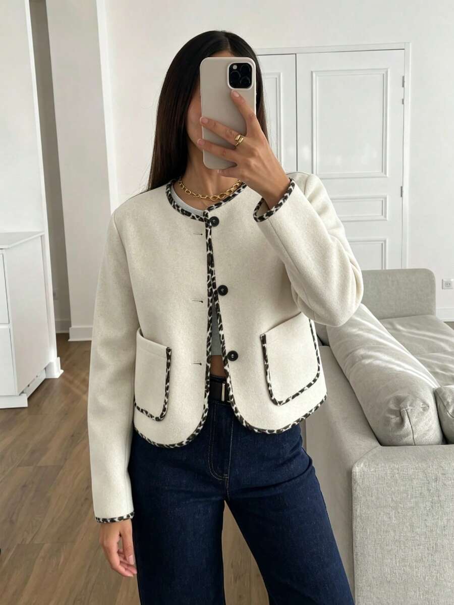 Siren Gaze Women's Casual Solid Color Blended Wool Short Tweed Jacket Fashion Street Leopard Print Patchwork Short Loose Jacket Women's Autumn Coat Winter Spring - Apricot - View 1