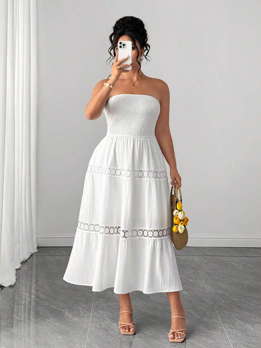 Elenzga Plus Size Women Strapless Ruched Waist Floral Patchwork A-Line Textured Elegant Summer Dress - White - View 1