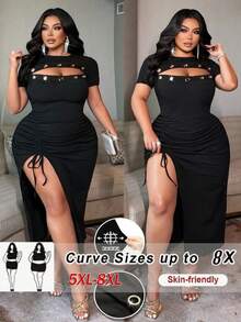 SHEIN CURVE+ 大码女士性感弹力罗纹针织连衣裙，正面镂空设计，金属孔眼装饰，侧开衩 - 黑色 - 查看 1