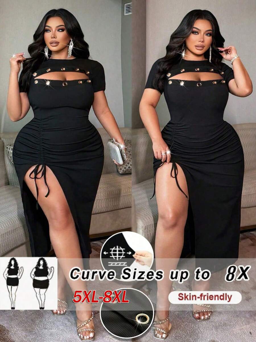 SHEIN CURVE+ 大码女士性感弹力罗纹针织连衣裙,正面镂空设计,金属孔眼装饰,侧开衩 - 黑色 - 查看 1
