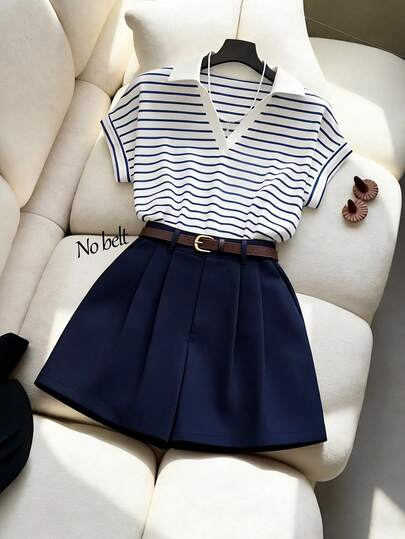 Franclia Nuevo conjunto de 2 piezas de top de manga corta a rayas y shorts azul marino, para primavera/verano