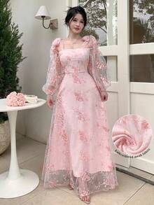 Modelyn Women's French Style Sweet & Ethereal Pink Mesh Tie-Up Dress,Pink Floral,Summer,Elegant,Tea Party Luxury Lace Rococo Vintage Gown - Pink - View 7