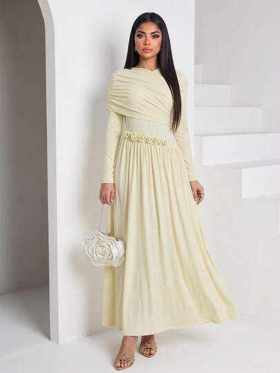 Veilorie Women's Solid Color Pleated Waist 3D Floral Decor Elegant Dress